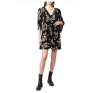 BA&SH Sz 2 6 M Suzy Babydoll Shirt Dress Noir Black Floral 3/4 Sleeve